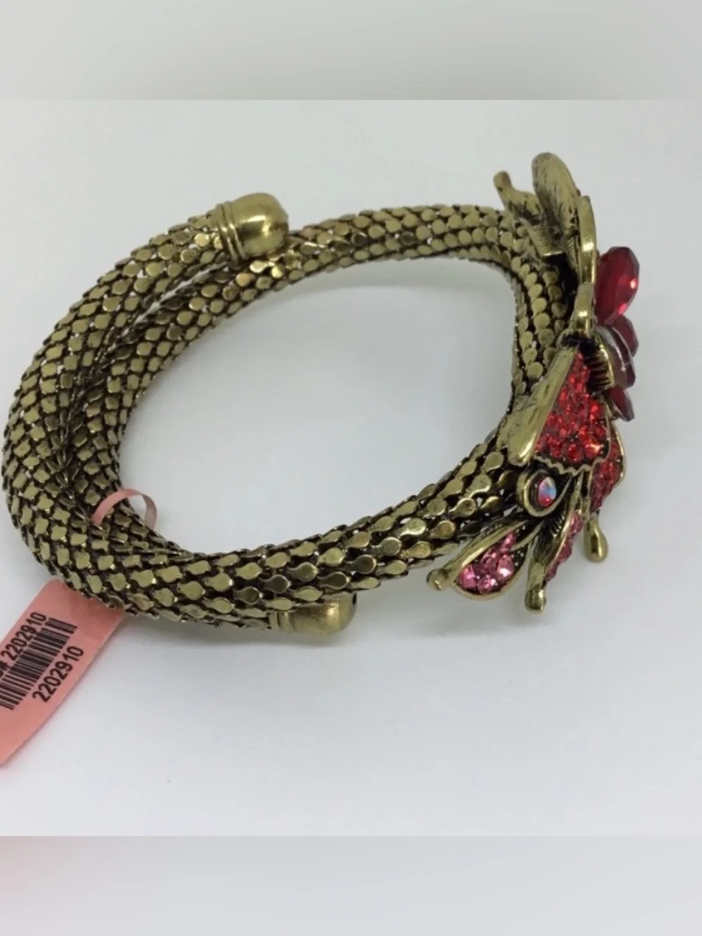 Butterfly statement bracelet gold tone, mesh cuff w red rhinestones new